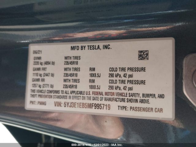 5YJ3E1EB5MF995719 Tesla Model 3 Long Range Dual Motor All-wheel Drive