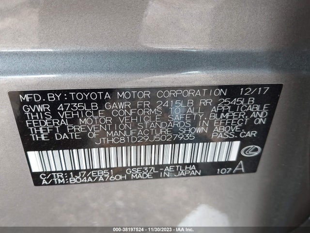 2018 LEXUS IS 300 VIN: JTHC81D29J5027935