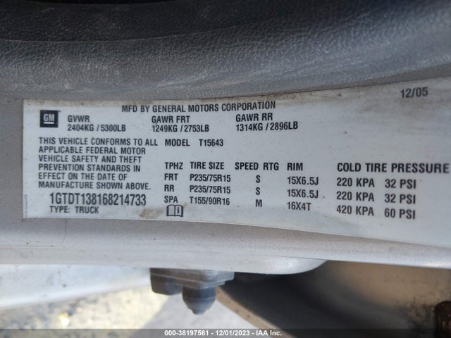 2006 GMC CANYON SLE1 VIN: 1GTDT138168214733