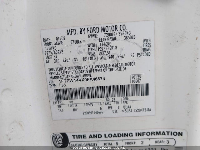2009 FORD F-150 VIN: 1FTPW14VX9FA46874