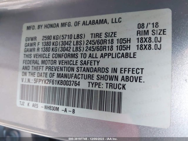 Honda Ridgeline Rtl-t 2019 5FPYK2F61KB003764 Image 9
