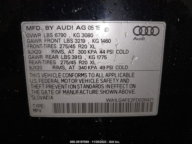 Продажа на аукционе авто 2015 Audi Q7 3.0t Premium, vin: WA1LGAFE2FD026421, номер лота: 38197858