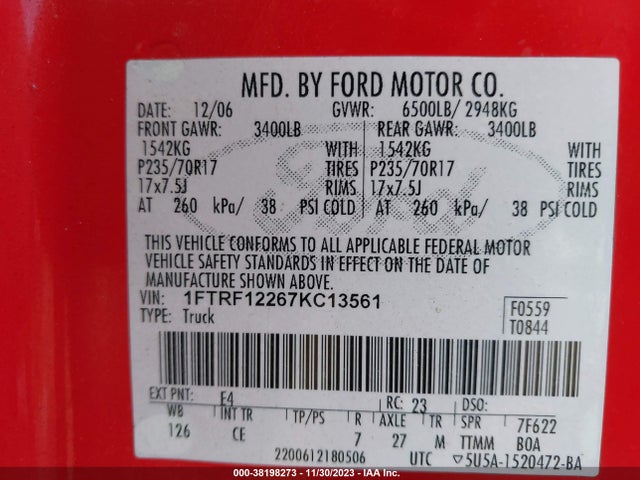 2007 FORD F-150 XL/STX/XLT VIN: 1FTRF12267KC13561