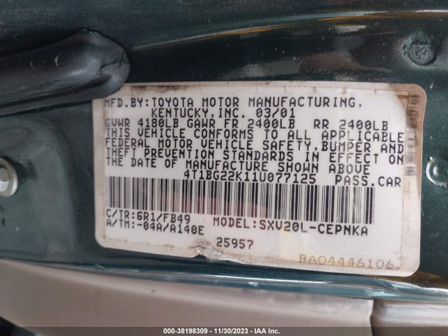 2001 TOYOTA CAMRY LE VIN: 4T1BG22K11U077125