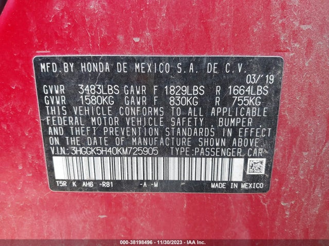 Honda FIT LX 2019 3HGGK5H40KM725905 Image 9