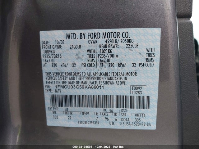 2009 FORD ESCAPE XLT VIN: 1FMCU03G59KA86011