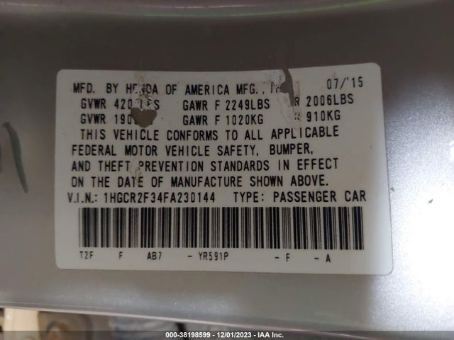 Honda Accord Sedan Lx 2015 1HGCR2F34FA230144 Image 9