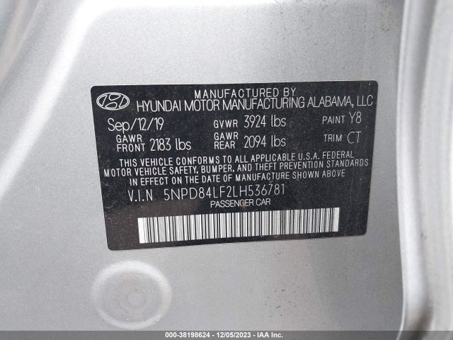2020 HYUNDAI ELANTRA SEL VIN: 5NPD84LF2LH536781