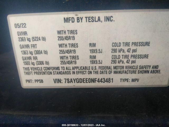 7SAYGDEE0NF443481 Tesla Model Y Long Range Dual Motor All-wheel Drive