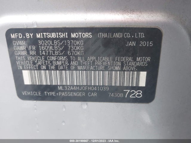 2015 MITSUBISHI MIRAGE ES VIN: ML32A4HJ0FH041039