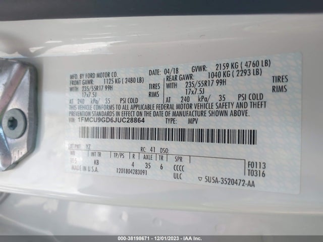 1FMCU9GD6JUC28864 Ford ESCAPE SE