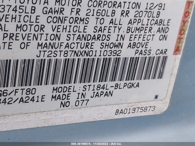 1992 TOYOTA CELICA GT VIN: JT2ST87NXN0110392