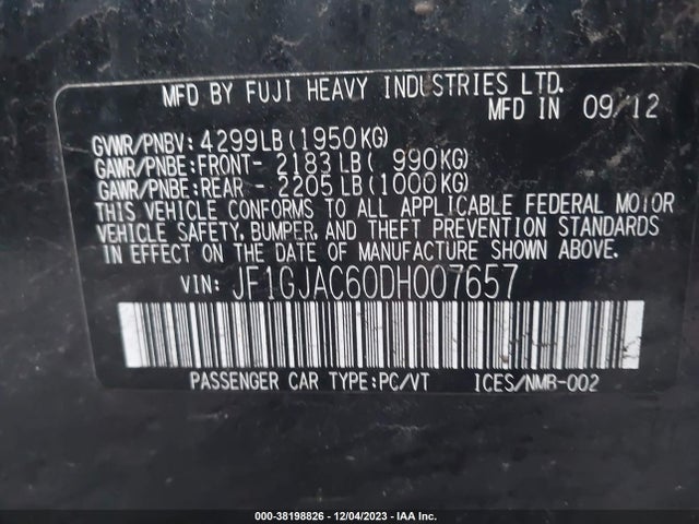 2013 SUBARU IMPREZA 2.0I PREMIUM VIN: JF1GJAC60DH007657