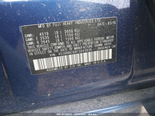 2015 SUBARU LEGACY 2.5I PREMIUM VIN: 4S3BNBC66F3043836