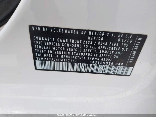2015 VOLKSWAGEN JETTA 2.0L S VIN: 3VW2K7AJ4FM347157