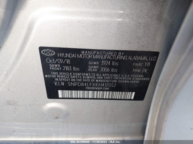 2019 HYUNDAI ELANTRA SEL VIN: 5NPD84LFXKH417052