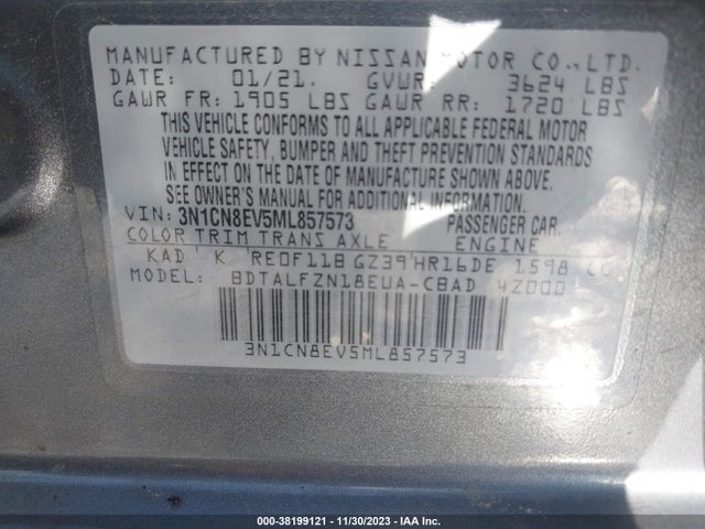 Продаж на аукціоні авто 2021 Nissan Versa Sv Xtronic Cvt, vin: 3N1CN8EV5ML857573, номер лоту: 38199121