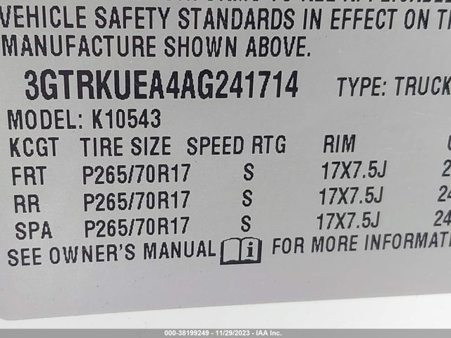 2010 Gmc Sierra 1500 Sl მანქანა იყიდება აუქციონზე, vin: 3GTRKUEA4AG241714, აუქციონის ნომერი: 38199249