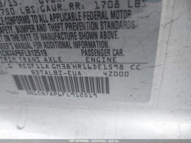 3N1CN7AP6FL912519 Nissan Versa 1.6 Sv