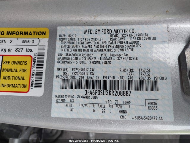 Ford Fusion Energi Titanium 2019 3FA6P0SU3KR208887 Image 9