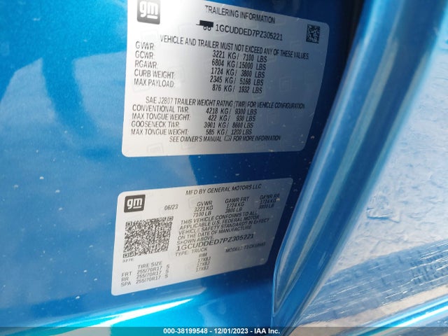 2023 CHEVROLET SILVERADO 1500 4WD STANDARD BED LT VIN: 1GCUDDED7PZ305221