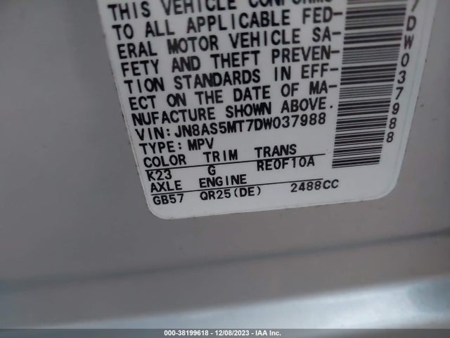 2013 NISSAN ROGUE S VIN: JN8AS5MT7DW037988