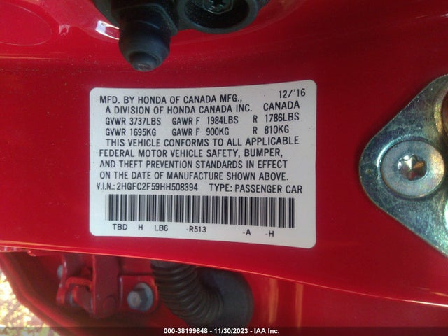 Honda Civic Lx 2017 2HGFC2F59HH508394 Image 9