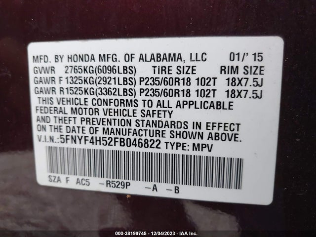 Honda Pilot Ex-l 2015 5FNYF4H52FB046822 Image 9