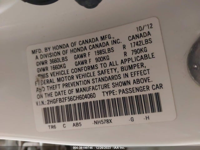 2012 HONDA CIVIC LX VIN: 2HGFB2F56CH604060