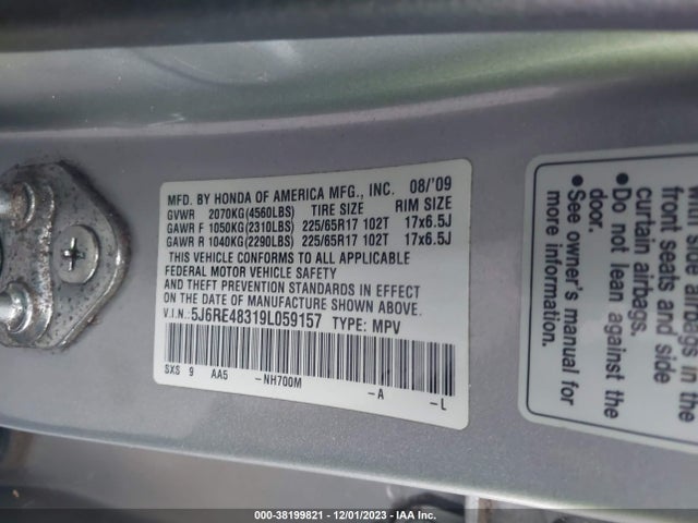 2009 HONDA CR-V LX VIN: 5J6RE48319L059157