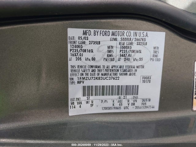 2003 FORD EXPLORER NBX/XLT VIN: 1FMZU73K83UC37622