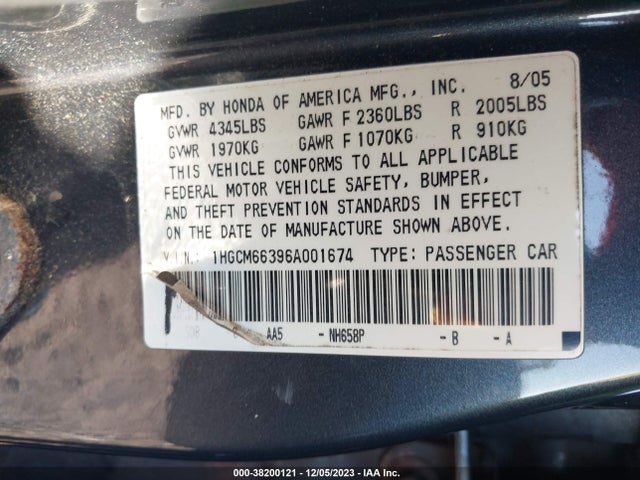 2006 HONDA ACCORD 3.0 LX VIN: 1HGCM66396A001674