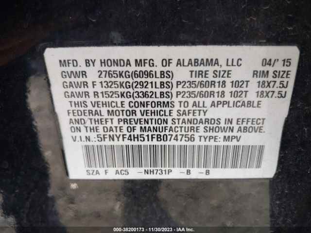 5FNYF4H51FB074756 Honda Pilot Ex-l