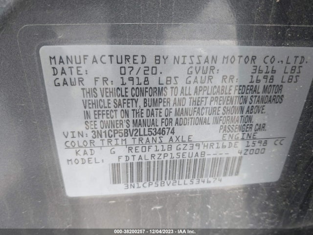 2020 NISSAN KICKS S XTRONIC CVT VIN: 3N1CP5BV2LL534674