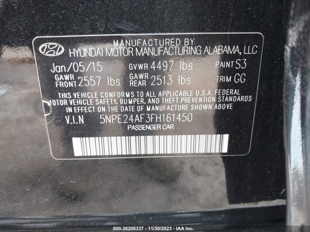 2015 HYUNDAI SONATA SE VIN: 5NPE24AF3FH161450