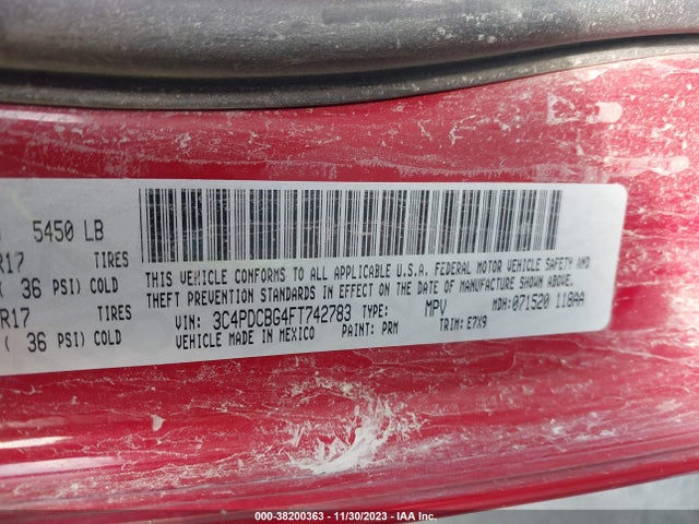 2015 DODGE JOURNEY SXT VIN: 3C4PDCBG4FT742783