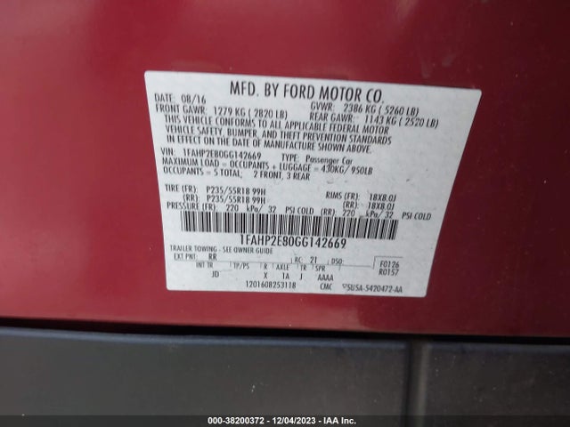 Ford TAURUS SEL 2016 1FAHP2E80GG142669 Image 9