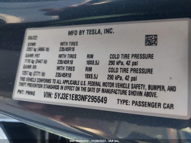 5YJ3E1EB3NF295649 Tesla Model 3 Long Range Dual Motor All-wheel Drive