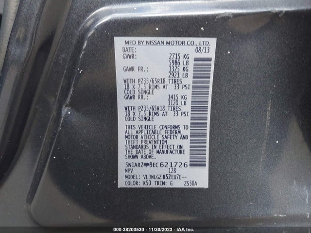 2014 NISSAN PATHFINDER SL VIN: 5N1AR2MM9EC621726
