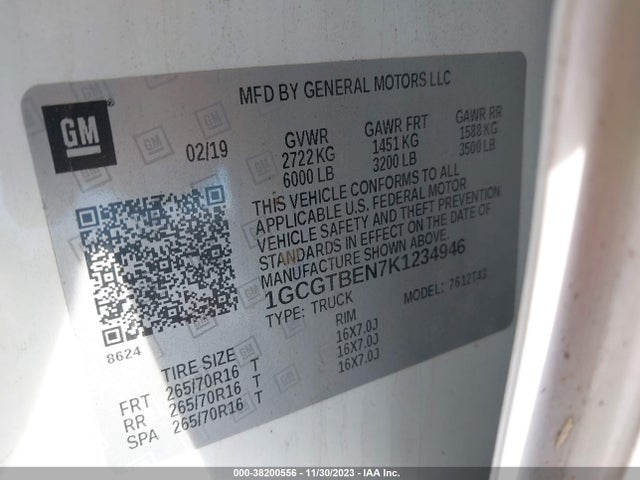 Chevrolet Colorado Wt 2019 1GCGTBEN7K1234946 Image 9