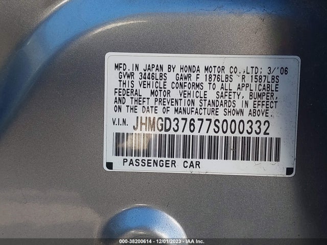 2007 HONDA FIT SPORT VIN: JHMGD37677S000332