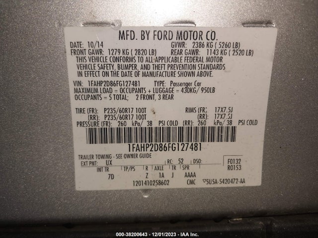 Ford TAURUS SE 2015 1FAHP2D86FG127481 Image 9