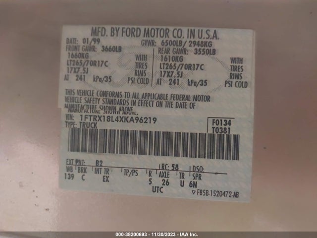1999 FORD F-150 XLT/LARIAT/XL VIN: 1FTRX18L4XKA96219