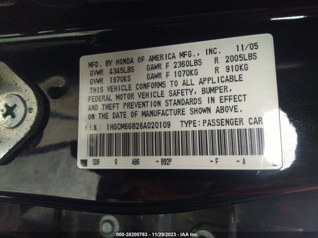 2006 HONDA ACCORD 3.0 EX VIN: 1HGCM66826A020109