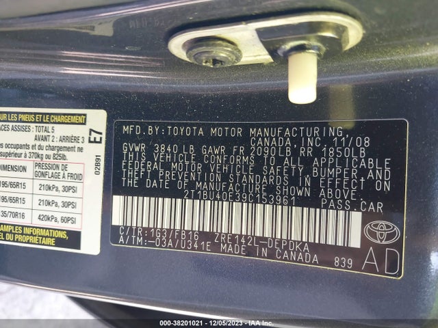 2009 TOYOTA COROLLA LE VIN: 2T1BU40E39C153961