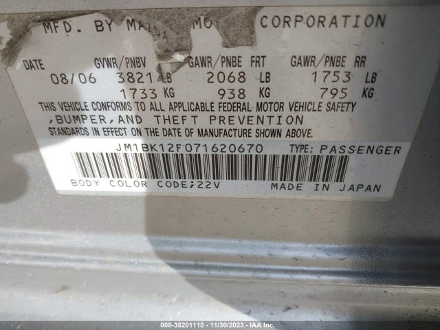 2007 MAZDA MAZDA3 I VIN: JM1BK12F071620670