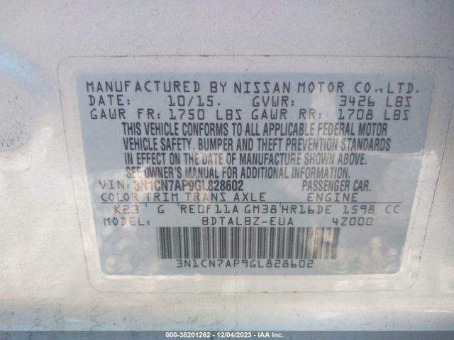 3N1CN7AP9GL828602 Nissan Versa 1.6 Sv
