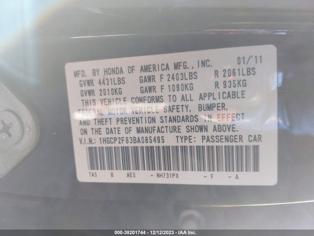 2011 HONDA ACCORD 2.4 EX-L VIN: 1HGCP2F83BA085495