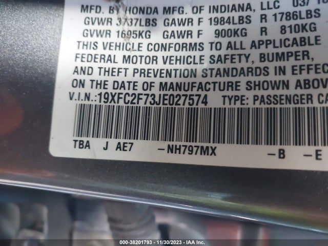2018 HONDA CIVIC EX VIN: 19XFC2F73JE027574