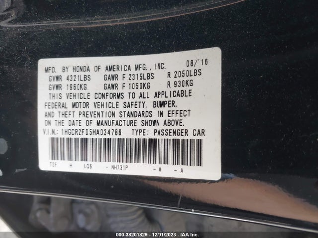 Honda ACCORD EX 2017 1HGCR2F05HA034786 Image 9